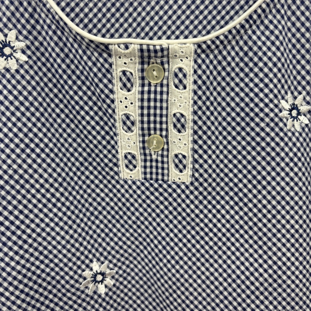 Miss Elaine Nightgown Women L Navy Gingham Floral Embroidered Ruffle Sleepwear - Picture 3 of 10